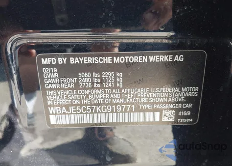 2019 BMW 540I z USA, uszkodzony, nr VIN WBAJE5C57KG919771